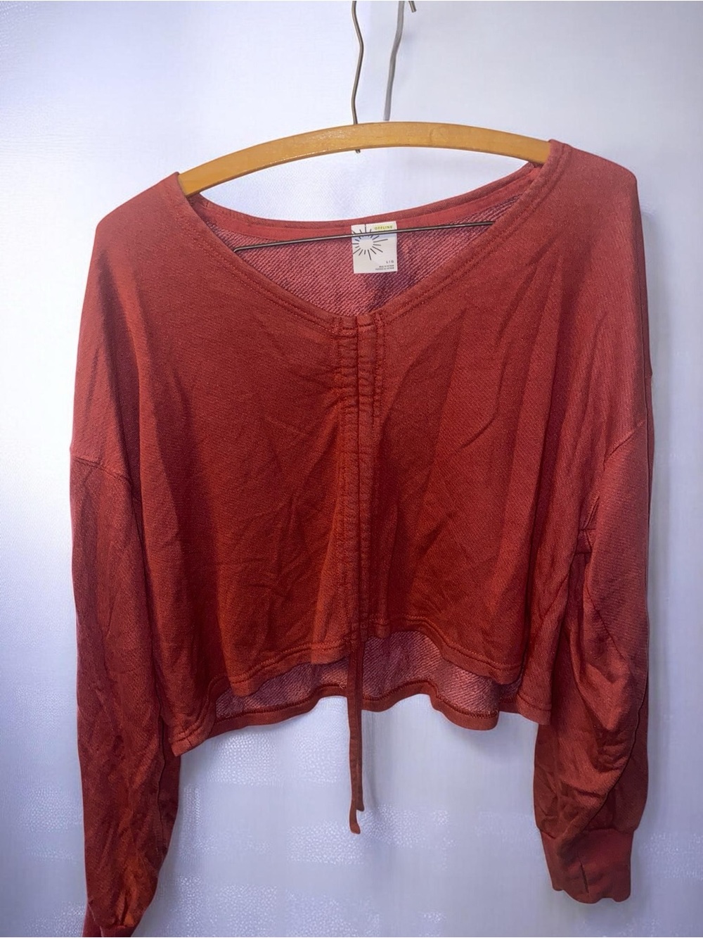 OFFLINE by Aerie Terry Cinched Front Crop Long Sleeve Top - Orange/Rust - Size L